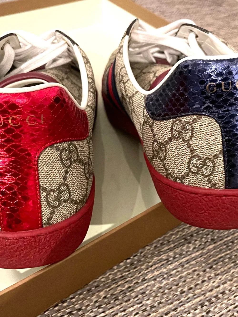 Gucci Beige GG Supreme Sneakers with Red & Navy Web